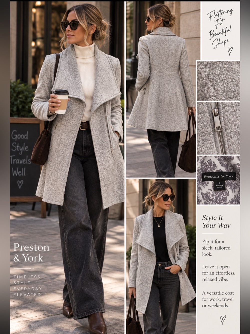 Gray Wool Blend Coat Flared Hem Tailored Quiet Luxury Size 8